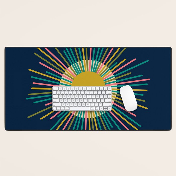 Mid Century Modern Colorful Sunburst Sun on Navy Blue Desk Mat Gallery Image 1