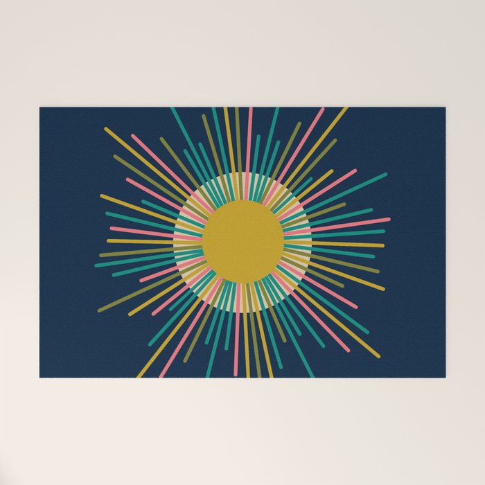 Mid Century Modern Colorful Sunburst Sun on Navy Blue Welcome Mat Gallery Image 1