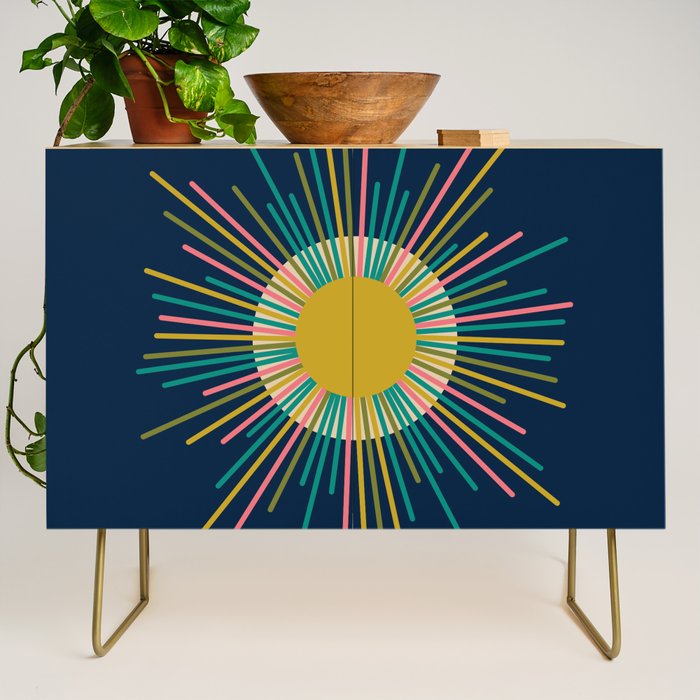 Mid Century Modern Colorful Sunburst Sun on Navy Blue Credenza Gallery Image 1