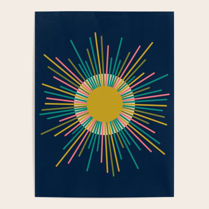 Mid Century Modern Colorful Sunburst Sun on Navy Blue Poster Gallery Image 4