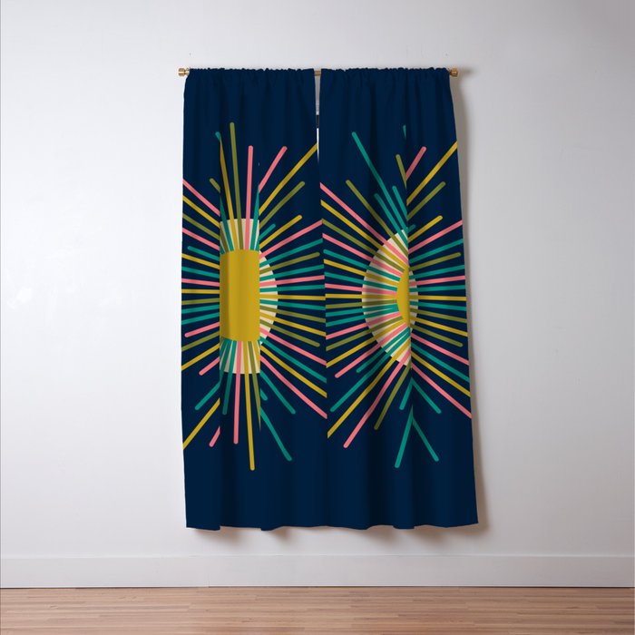 Mid Century Modern Colorful Sunburst Sun on Navy Blue Window Curtain Gallery Image 3