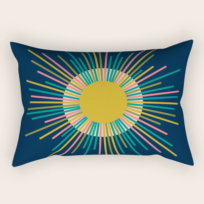 Mid Century Modern Colorful Sunburst Sun on Navy Blue Rectangular Pillow Gallery Image 1