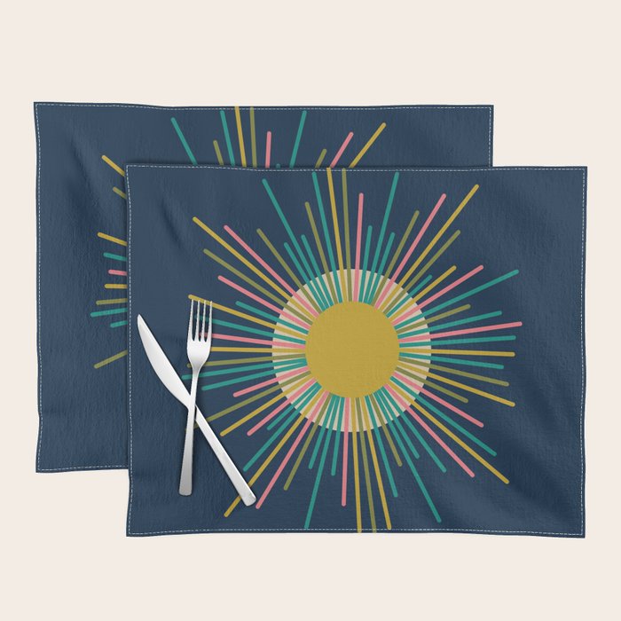 Mid Century Modern Colorful Sunburst Sun on Navy Blue Placemat Gallery Image 1