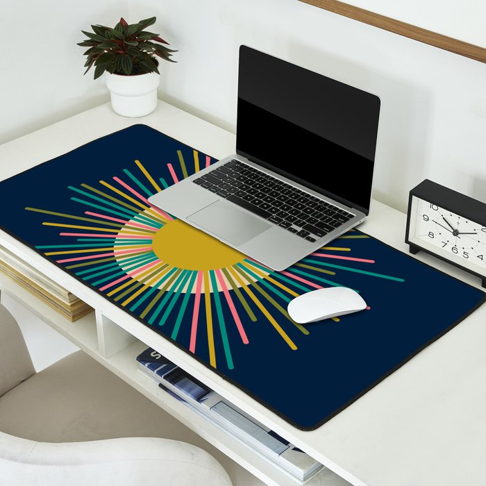 Mid Century Modern Colorful Sunburst Sun on Navy Blue Desk Mat Gallery Image 2