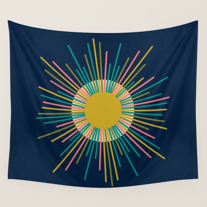 Mid Century Modern Colorful Sunburst Sun on Navy Blue Wall Tapestry Gallery Image 4
