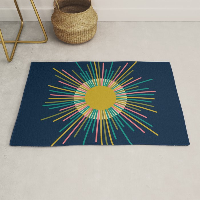 Mid Century Modern Colorful Sunburst Sun on Navy Blue Rug Gallery Image 1