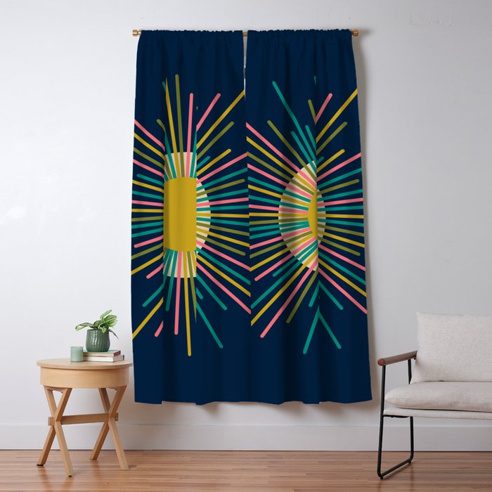 Mid Century Modern Colorful Sunburst Sun on Navy Blue Window Curtain Gallery Image 5