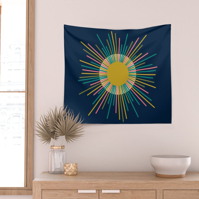 Mid Century Modern Colorful Sunburst Sun on Navy Blue Wall Tapestry Gallery Image 2