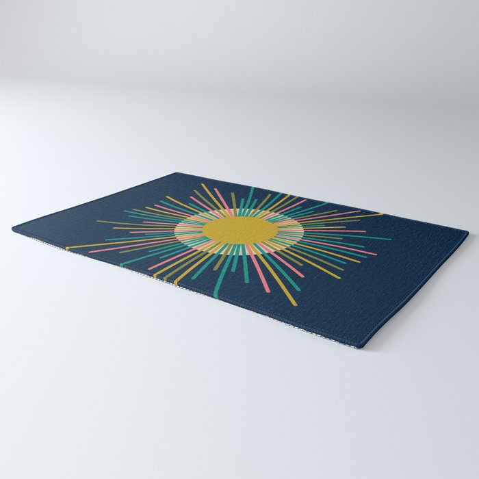 Mid Century Modern Colorful Sunburst Sun on Navy Blue Rug Gallery Image 3