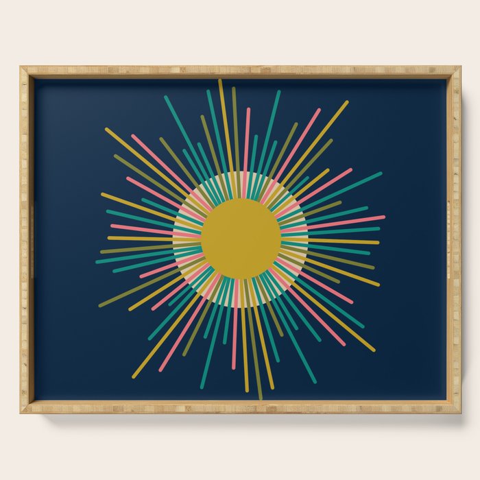 Mid Century Modern Colorful Sunburst Sun on Navy Blue Serving Tray Gallery Image 1