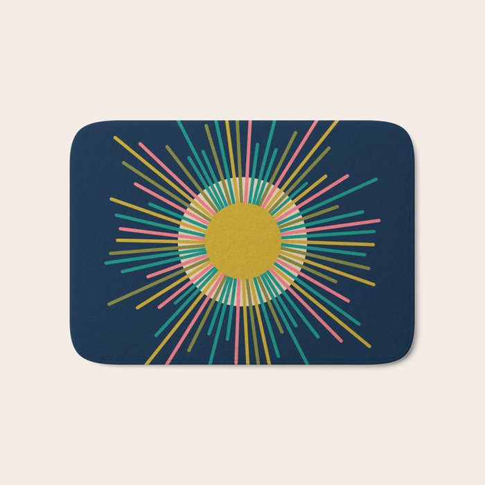 Mid Century Modern Colorful Sunburst Sun on Navy Blue Bath Mat Gallery Image 1