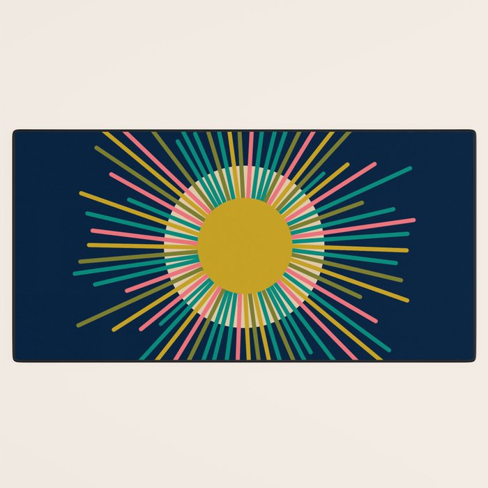 Mid Century Modern Colorful Sunburst Sun on Navy Blue Desk Mat Gallery Image 3