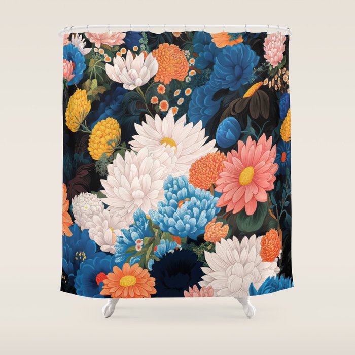 Flower Print Japanese Painting Floral Wall Art Botanical Poster Maximalist Dopamine Decor Shower Curtain Gallery Image 1