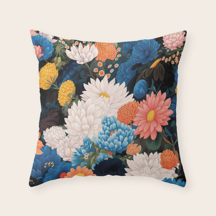 Flower Print Japanese Painting Floral Wall Art Botanical Poster Maximalist Dopamine Decor Throw Pillow Gallery Image 1