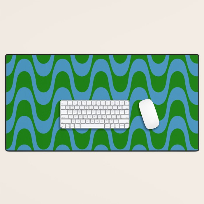 Retro Groovy Waves - Blue and Green Desk Mat Gallery Image 1