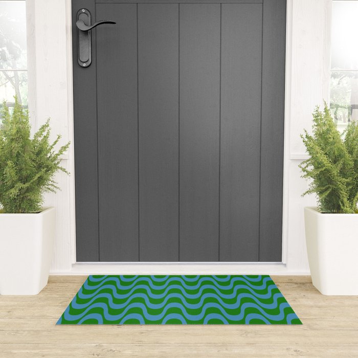 Retro Groovy Waves - Blue and Green Welcome Mat Gallery Image 3