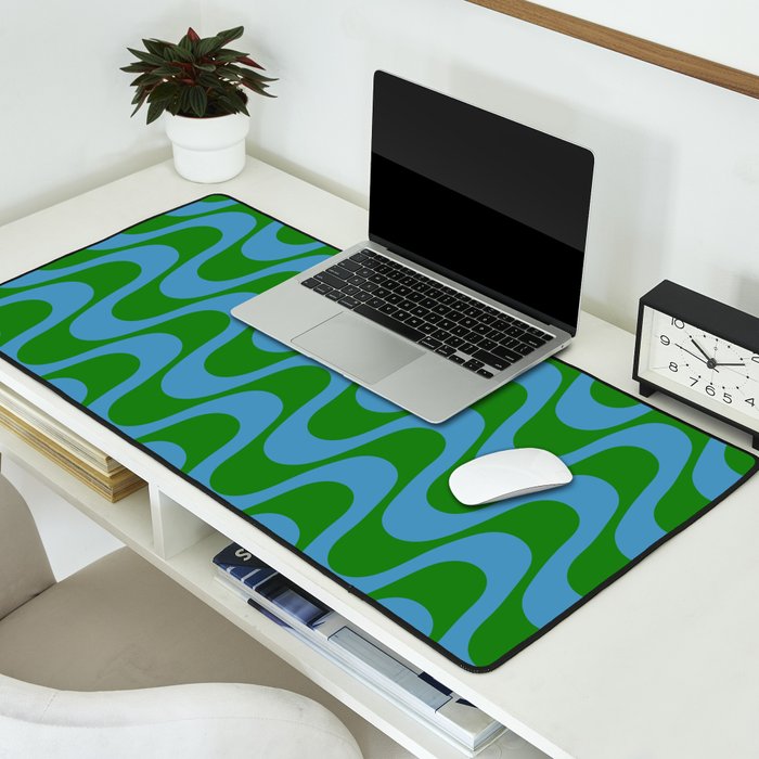 Retro Groovy Waves - Blue and Green Desk Mat Gallery Image 2