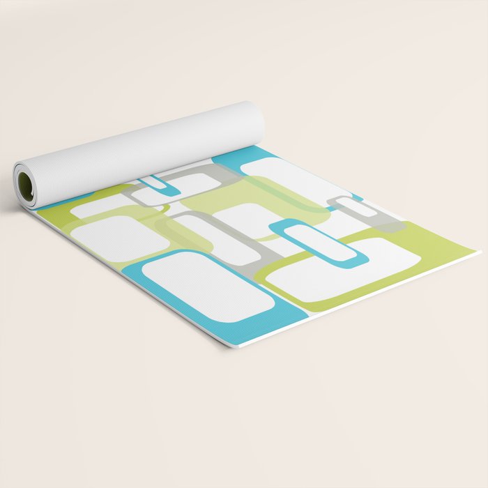 Mid-Century Modern Rectangle Design Blue Green and Gray Yoga Mat Gallery Image 2
