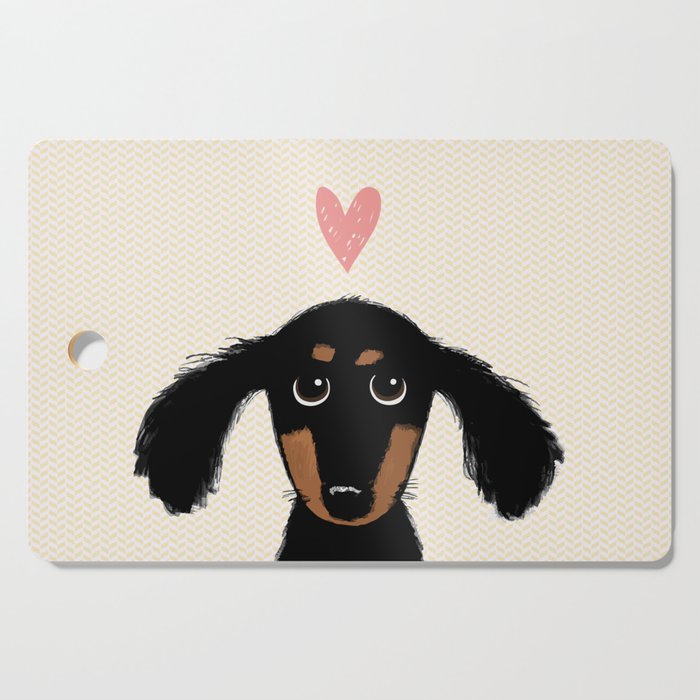 Dachshund Love | Cute Longhaired Black and Tan Wiener Dog Cutting Board Gallery Image 1