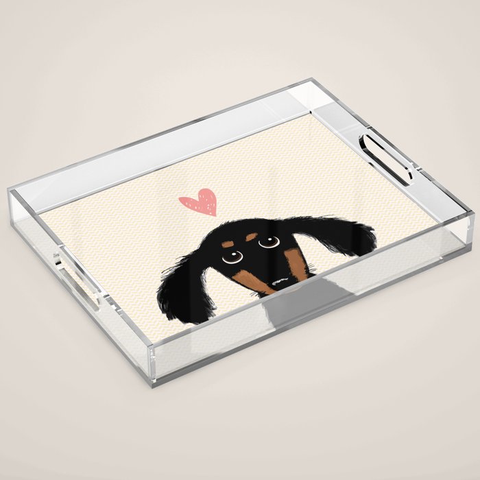 Dachshund Love | Cute Longhaired Black and Tan Wiener Dog Acrylic Tray Gallery Image 1