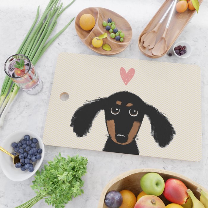 Dachshund Love | Cute Longhaired Black and Tan Wiener Dog Cutting Board Gallery Image 2