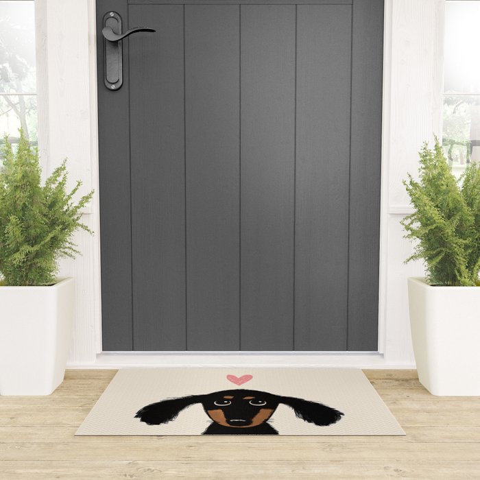 Dachshund Love | Cute Longhaired Black and Tan Wiener Dog Welcome Mat Gallery Image 3