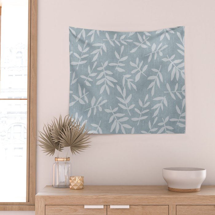 Simple Scandinavian Ditsy Leaf Pattern Blue Grey Wall Tapestry Gallery Image 2