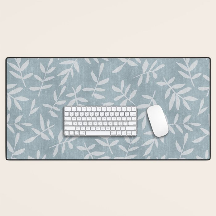 Simple Scandinavian Ditsy Leaf Pattern Blue Grey Desk Mat Gallery Image 1