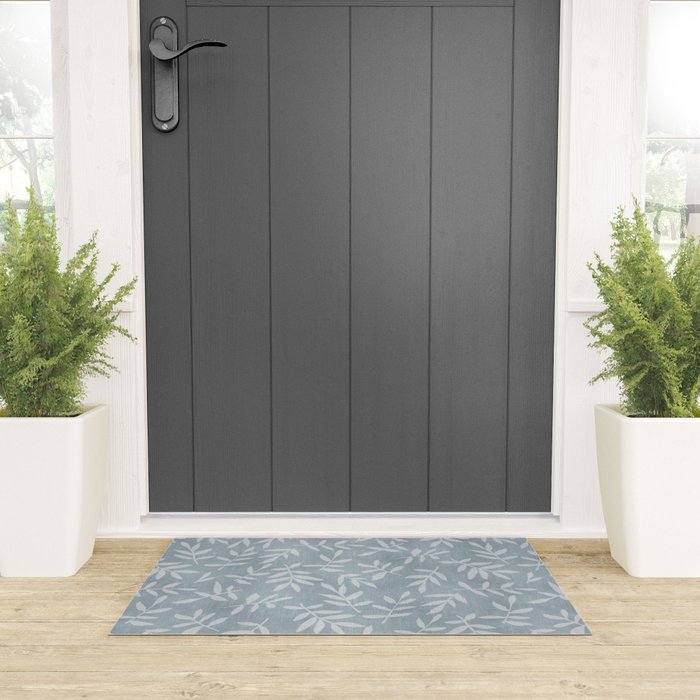 Simple Scandinavian Ditsy Leaf Pattern Blue Grey Welcome Mat Gallery Image 3