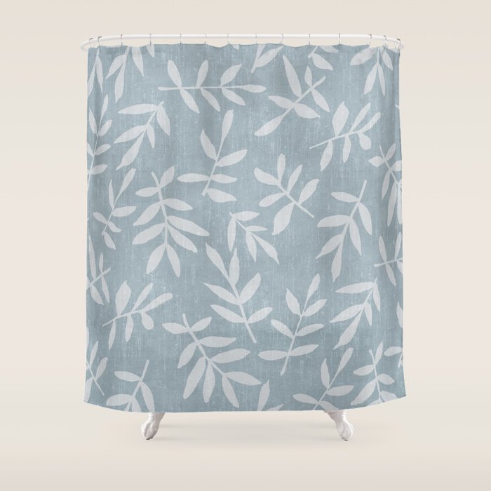 Simple Scandinavian Ditsy Leaf Pattern Blue Grey Shower Curtain Gallery Image 1