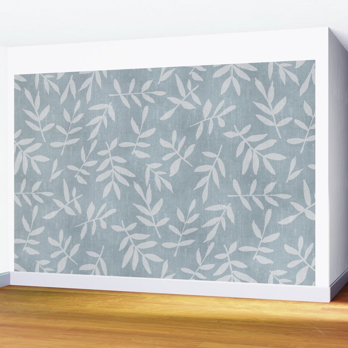 Simple Scandinavian Ditsy Leaf Pattern Blue Grey Wall Mural Gallery Image 2
