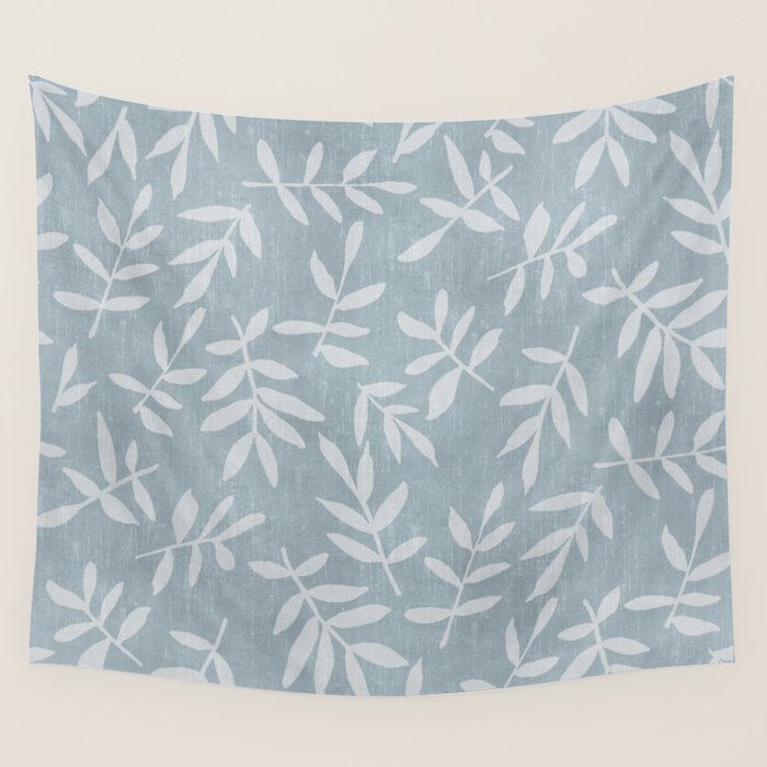 Simple Scandinavian Ditsy Leaf Pattern Blue Grey Wall Tapestry Gallery Image 1