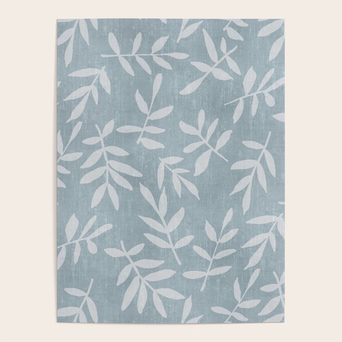 Simple Scandinavian Ditsy Leaf Pattern Blue Grey Poster Gallery Image 1