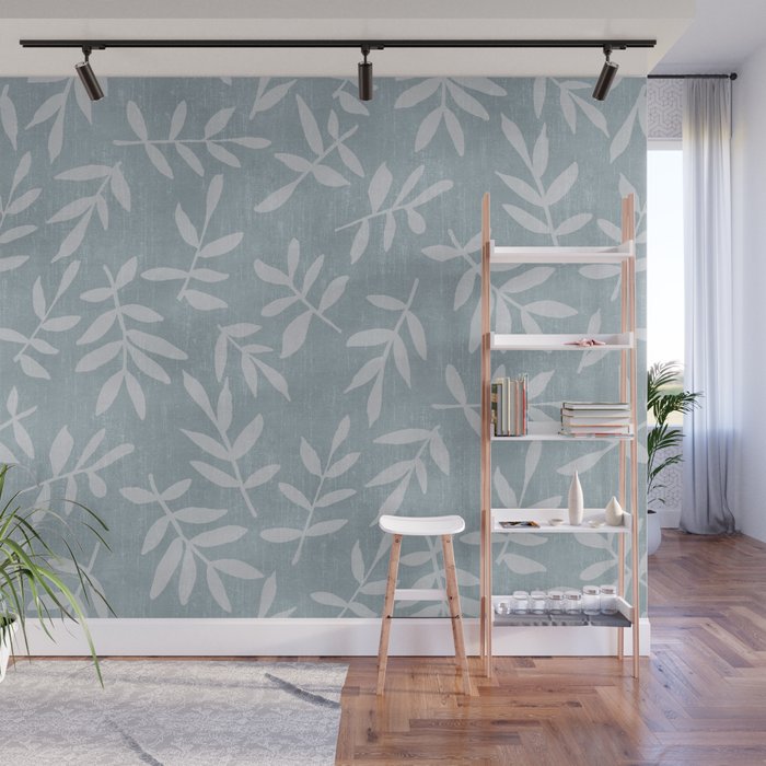 Simple Scandinavian Ditsy Leaf Pattern Blue Grey Wall Mural Gallery Image 1