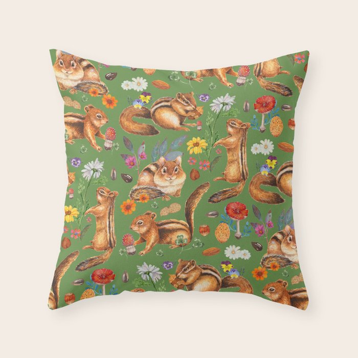 Chipmunks friends - green Throw Pillow Gallery Image 6