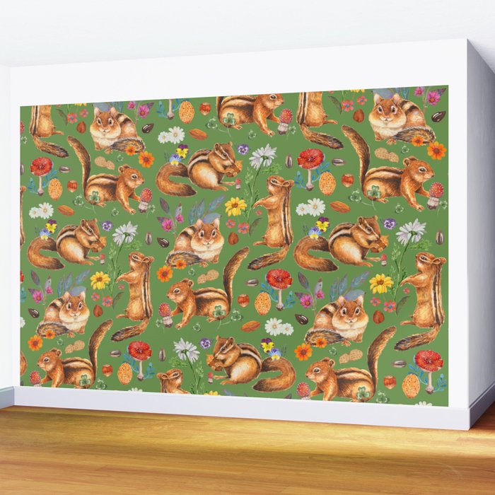 Chipmunks friends - green Wall Mural Gallery Image 2