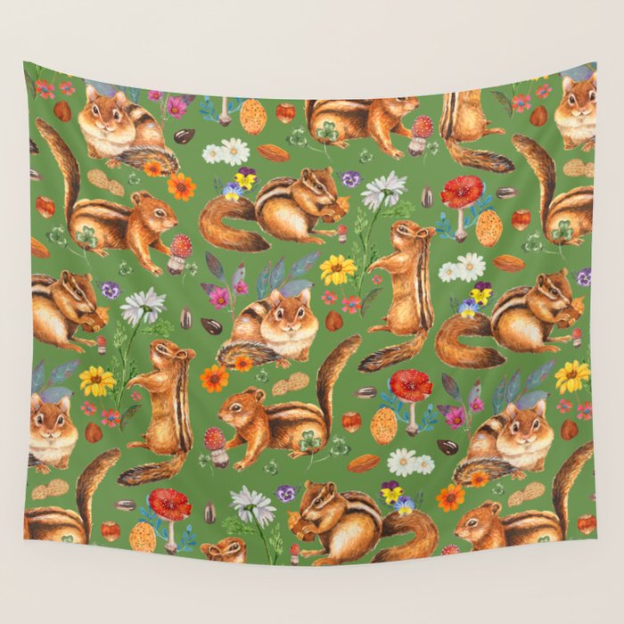 Chipmunks friends - green Wall Tapestry Gallery Image 1