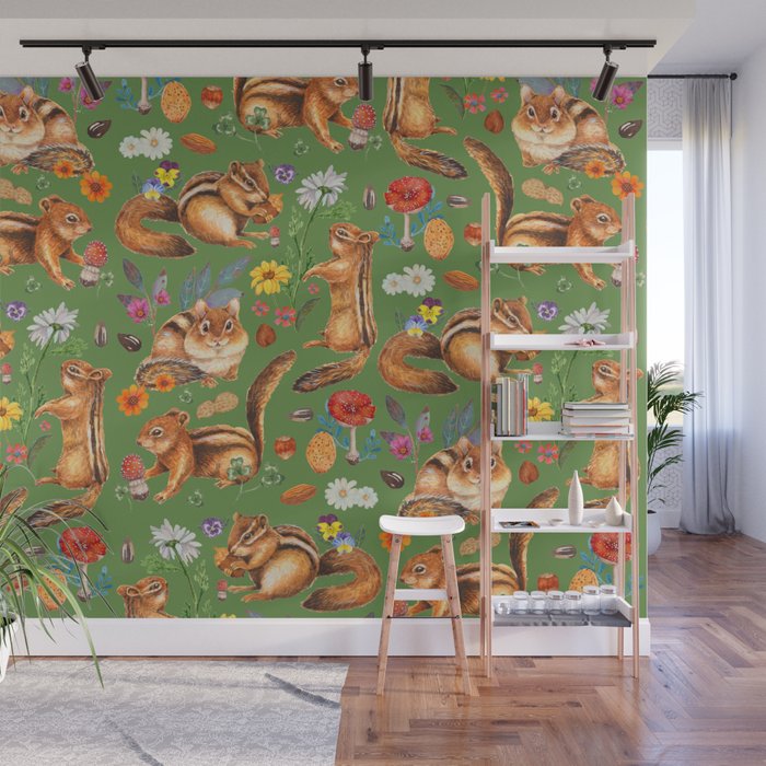 Chipmunks friends - green Wall Mural Gallery Image 1