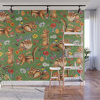 Chipmunks friends - green Wall Mural Gallery Image 1