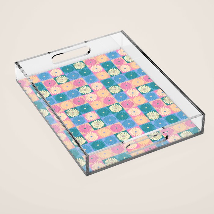 Retro Flowers Check Pattern XXIII Acrylic Tray Gallery Image 1
