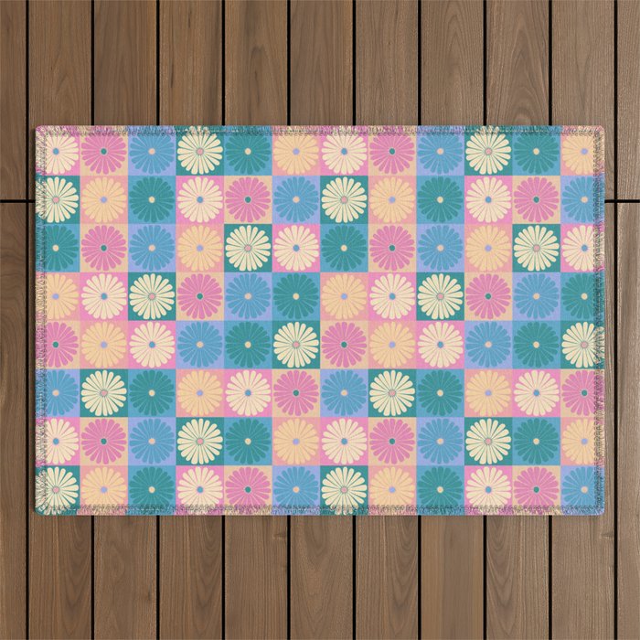 Retro Flowers Check Pattern XXIII Outdoor Rug Gallery Image 1