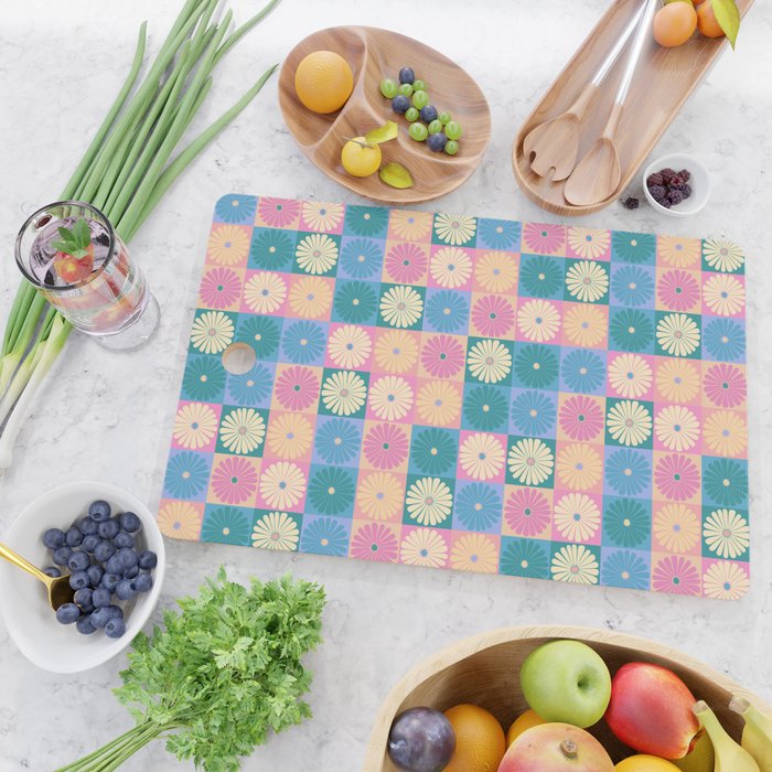 Retro Flowers Check Pattern XXIII Cutting Board Gallery Image 2