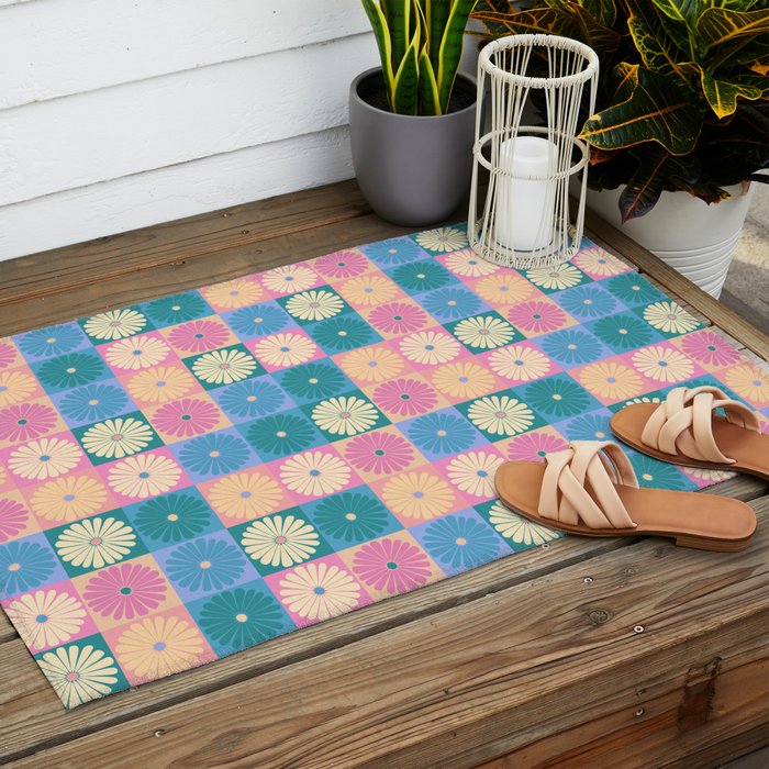 Retro Flowers Check Pattern XXIII Outdoor Rug Gallery Image 2