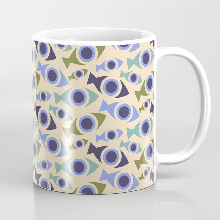 Geometric Fish Pattern - Blue and Olive Coffee Mug Gallery Image 1