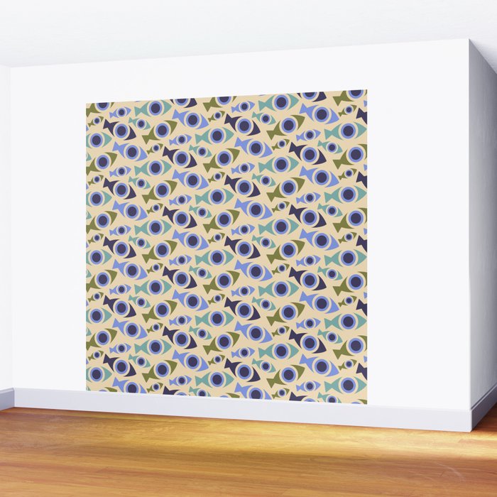 Geometric Fish Pattern - Blue and Olive Wall Mural Gallery Image 2