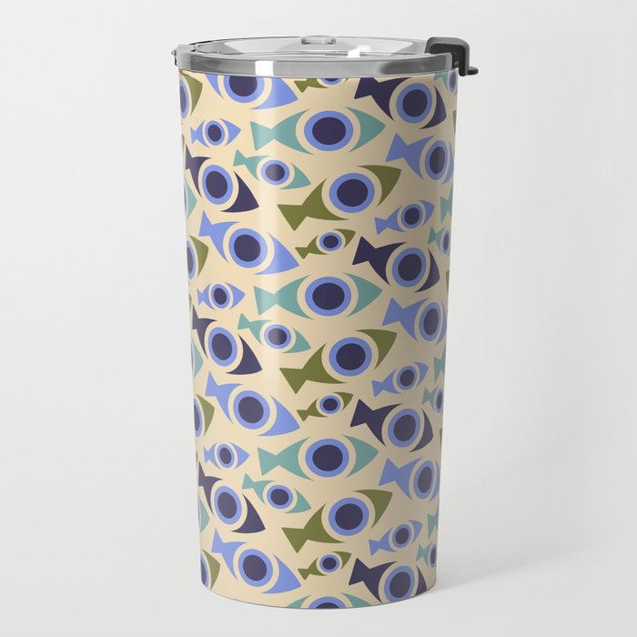 Geometric Fish Pattern - Blue and Olive Travel Mug Gallery Image 2