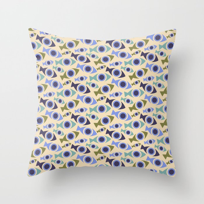Geometric Fish Pattern - Blue and Olive Throw Pillow Gallery Image 1