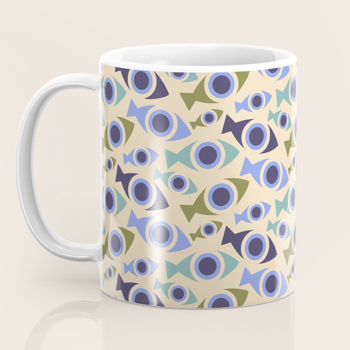 Geometric Fish Pattern - Blue and Olive Coffee Mug Gallery Image 3
