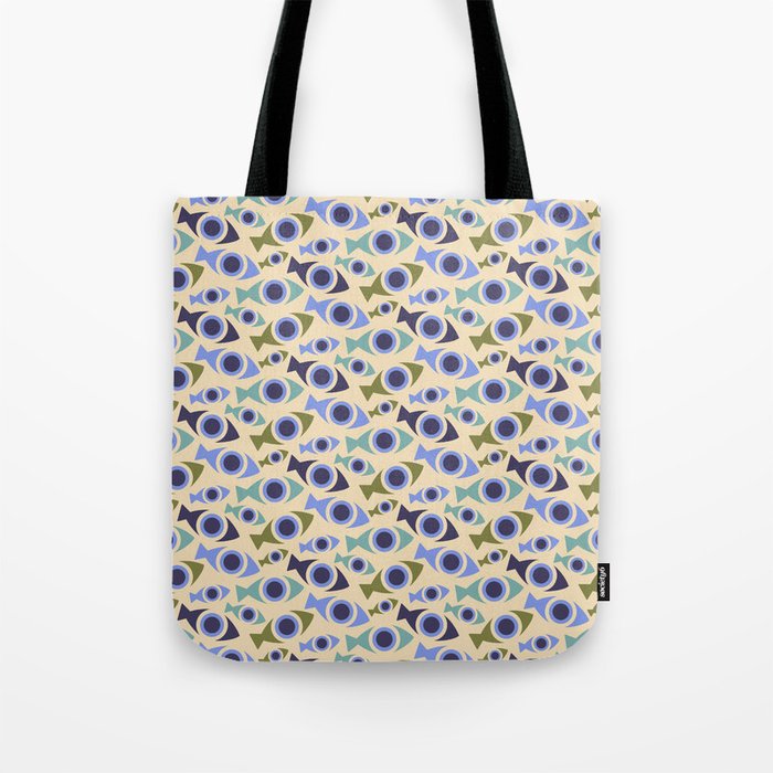 Geometric Fish Pattern - Blue and Olive Tote Bag Gallery Image 1