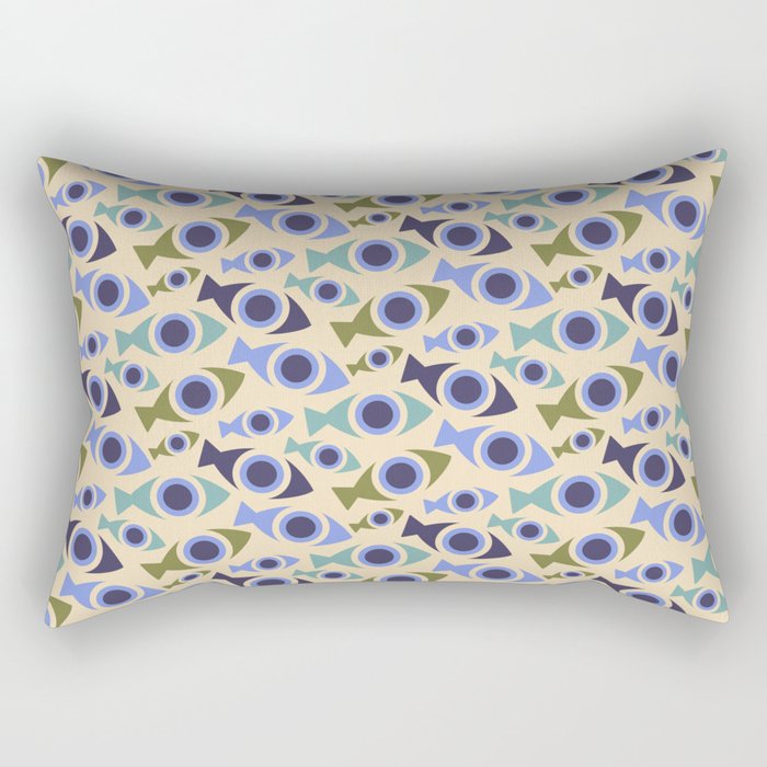 Geometric Fish Pattern - Blue and Olive Rectangular Pillow Gallery Image 1